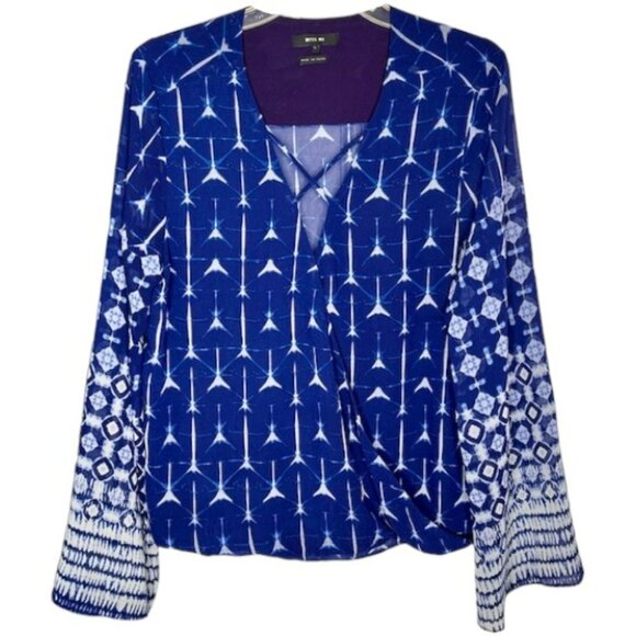 Miss Me Shibori Printed Surplice Top Wide Sleeves - Indigo Blue/White - L - Picture 1 of 7